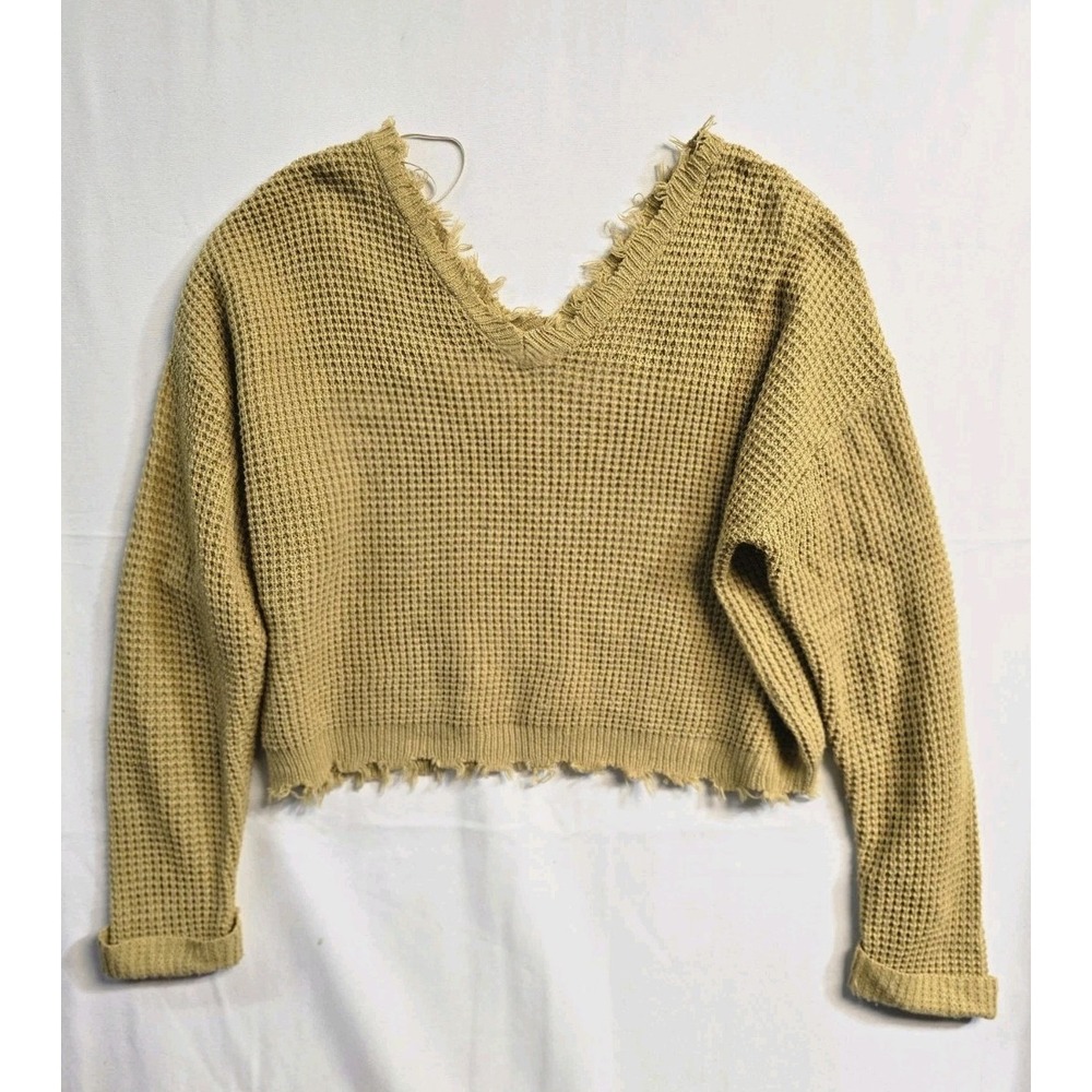 NWT Moon & Madison L Cotton Sweater Cropped Raw Edge Frayed Yellow